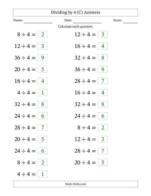 The Horizontally Arranged Dividing by 4 with Quotients 1 to 9 (25 Questions; Large Print) (C) Math Worksheet Page 2