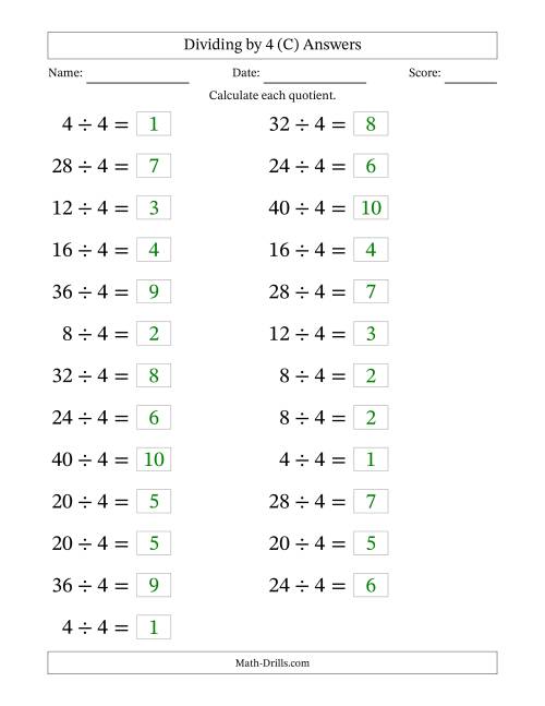 The Horizontally Arranged Dividing by 4 with Quotients 1 to 10 (25 Questions; Large Print) (C) Math Worksheet Page 2