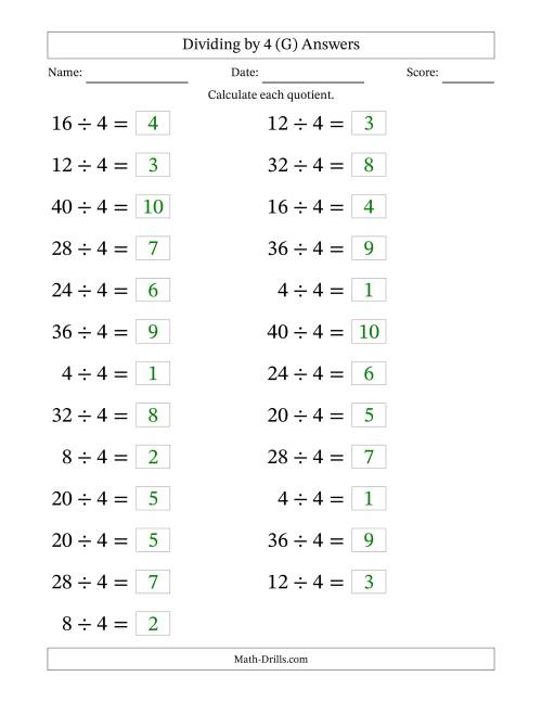 The Horizontally Arranged Dividing by 4 with Quotients 1 to 10 (25 Questions; Large Print) (G) Math Worksheet Page 2