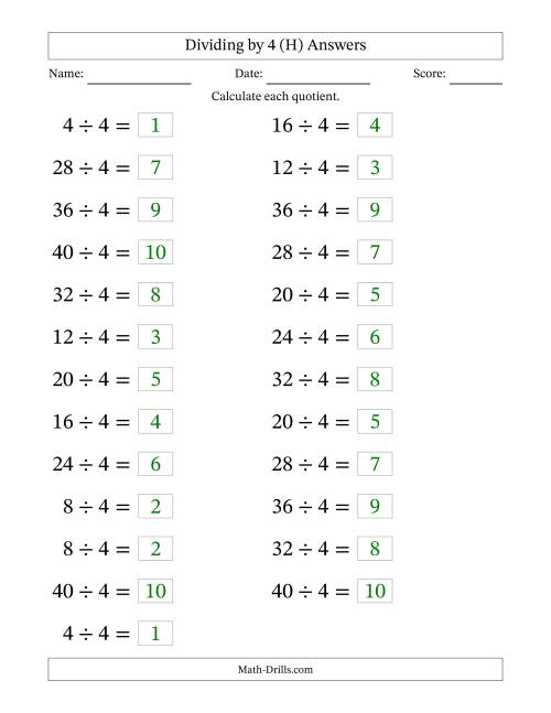 The Horizontally Arranged Dividing by 4 with Quotients 1 to 10 (25 Questions; Large Print) (H) Math Worksheet Page 2