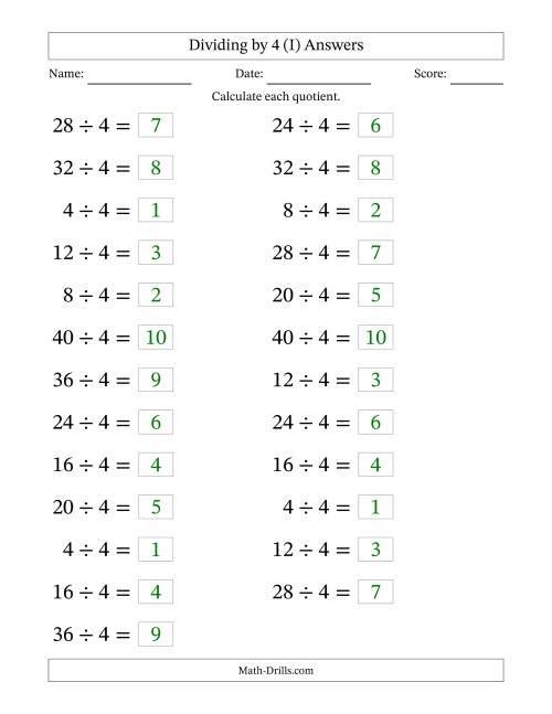 The Horizontally Arranged Dividing by 4 with Quotients 1 to 10 (25 Questions; Large Print) (I) Math Worksheet Page 2
