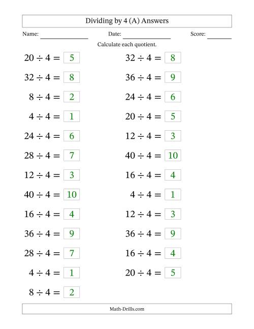 The Horizontally Arranged Dividing by 4 with Quotients 1 to 10 (25 Questions; Large Print) (All) Math Worksheet Page 2