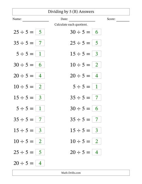 The Horizontally Arranged Dividing by 5 with Quotients 1 to 7 (25 Questions; Large Print) (B) Math Worksheet Page 2
