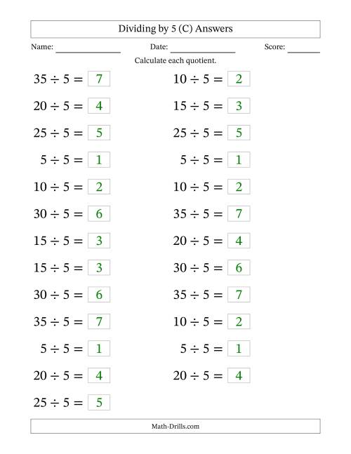 The Horizontally Arranged Dividing by 5 with Quotients 1 to 7 (25 Questions; Large Print) (C) Math Worksheet Page 2
