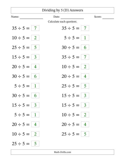 The Horizontally Arranged Dividing by 5 with Quotients 1 to 7 (25 Questions; Large Print) (D) Math Worksheet Page 2