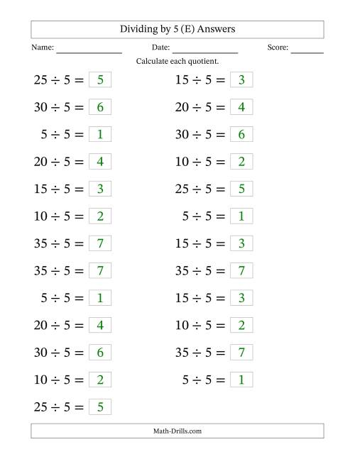 The Horizontally Arranged Dividing by 5 with Quotients 1 to 7 (25 Questions; Large Print) (E) Math Worksheet Page 2