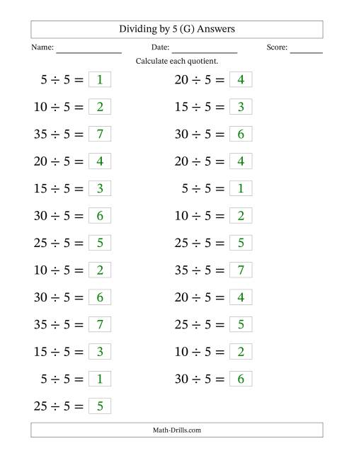 The Horizontally Arranged Dividing by 5 with Quotients 1 to 7 (25 Questions; Large Print) (G) Math Worksheet Page 2