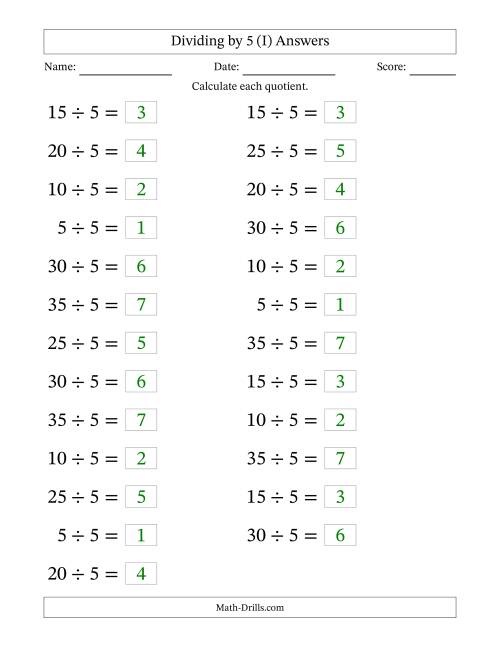 The Horizontally Arranged Dividing by 5 with Quotients 1 to 7 (25 Questions; Large Print) (I) Math Worksheet Page 2