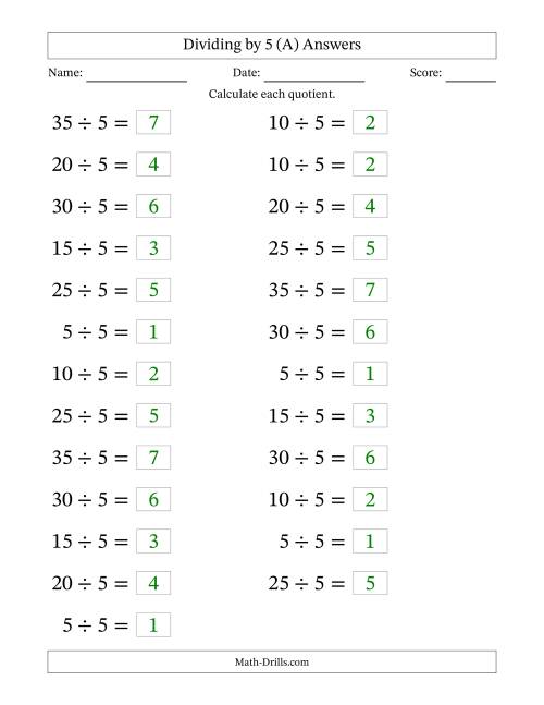The Horizontally Arranged Dividing by 5 with Quotients 1 to 7 (25 Questions; Large Print) (All) Math Worksheet Page 2