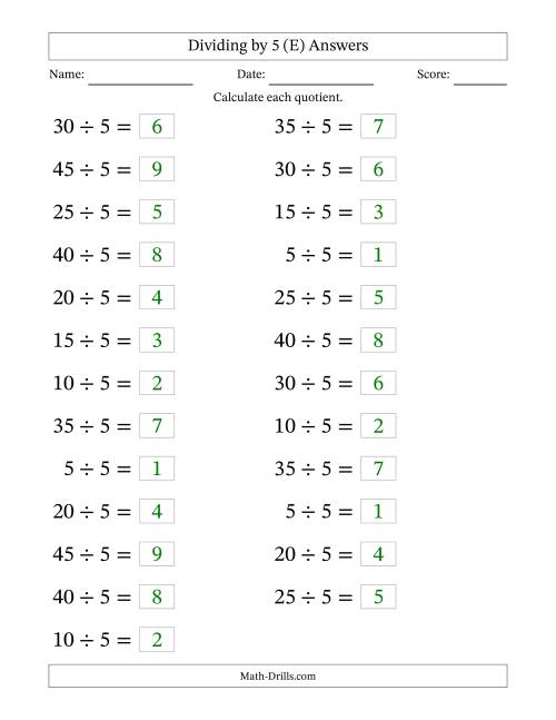 The Horizontally Arranged Dividing by 5 with Quotients 1 to 9 (25 Questions; Large Print) (E) Math Worksheet Page 2