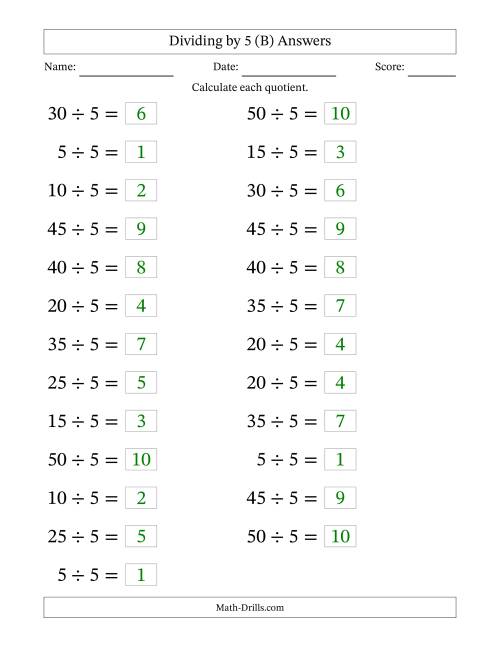 The Horizontally Arranged Dividing by 5 with Quotients 1 to 10 (25 Questions; Large Print) (B) Math Worksheet Page 2