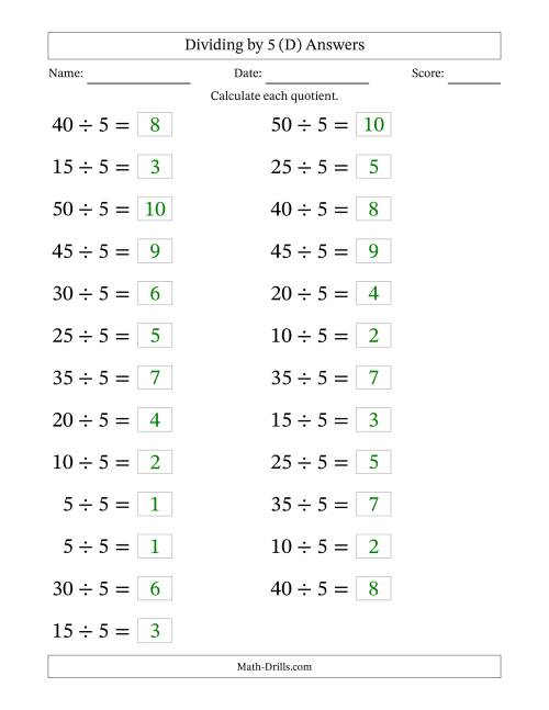 The Horizontally Arranged Dividing by 5 with Quotients 1 to 10 (25 Questions; Large Print) (D) Math Worksheet Page 2