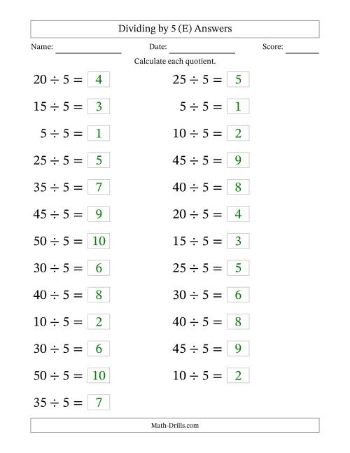 The Horizontally Arranged Dividing by 5 with Quotients 1 to 10 (25 Questions; Large Print) (E) Math Worksheet Page 2