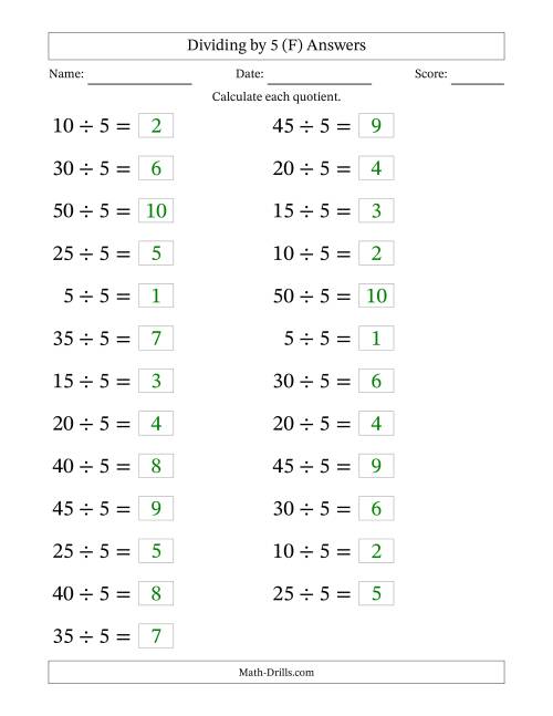 The Horizontally Arranged Dividing by 5 with Quotients 1 to 10 (25 Questions; Large Print) (F) Math Worksheet Page 2