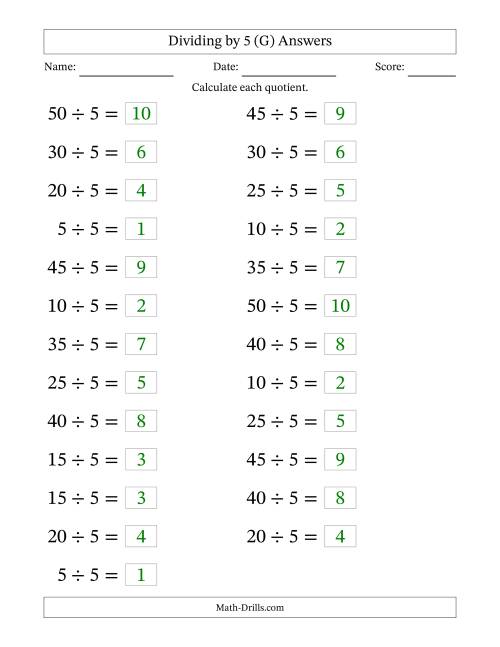 The Horizontally Arranged Dividing by 5 with Quotients 1 to 10 (25 Questions; Large Print) (G) Math Worksheet Page 2