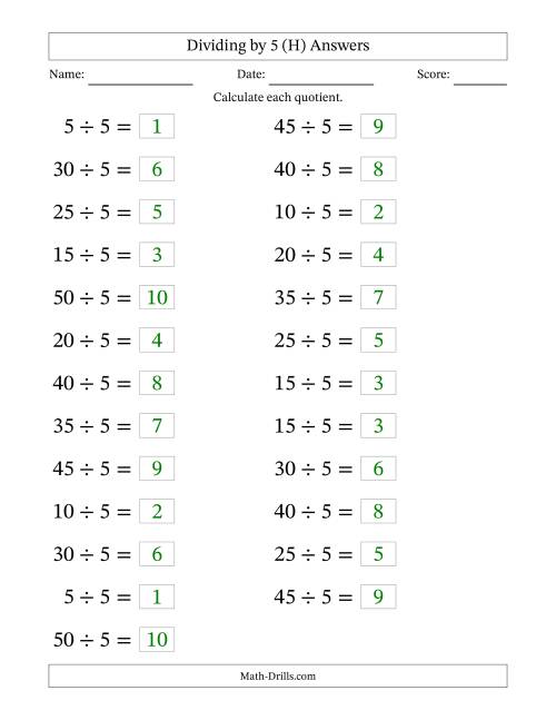 The Horizontally Arranged Dividing by 5 with Quotients 1 to 10 (25 Questions; Large Print) (H) Math Worksheet Page 2