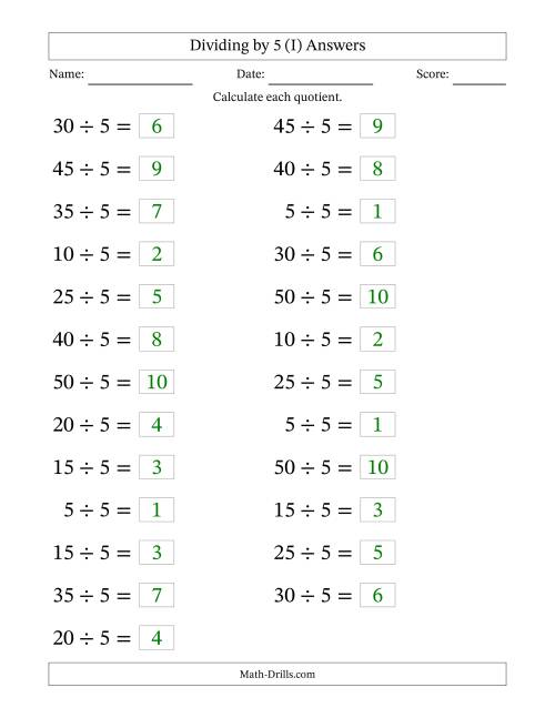 The Horizontally Arranged Dividing by 5 with Quotients 1 to 10 (25 Questions; Large Print) (I) Math Worksheet Page 2