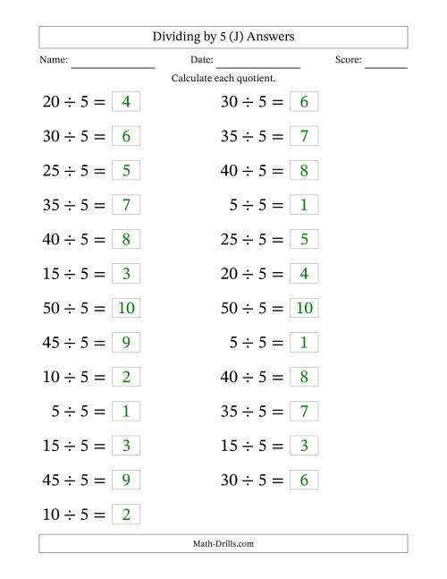 The Horizontally Arranged Dividing by 5 with Quotients 1 to 10 (25 Questions; Large Print) (J) Math Worksheet Page 2