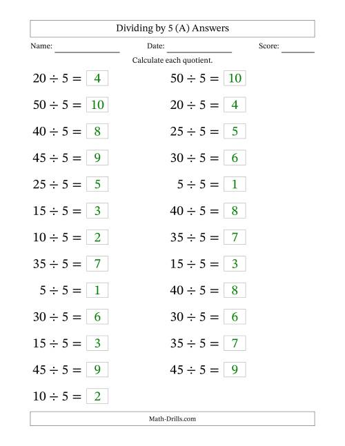 The Horizontally Arranged Dividing by 5 with Quotients 1 to 10 (25 Questions; Large Print) (All) Math Worksheet Page 2