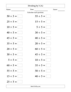 Horizontally Arranged Dividing by 5 with Quotients 1 to 12 (25 Questions; Large Print)