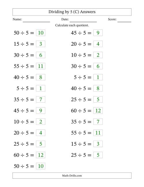 The Horizontally Arranged Dividing by 5 with Quotients 1 to 12 (25 Questions; Large Print) (C) Math Worksheet Page 2