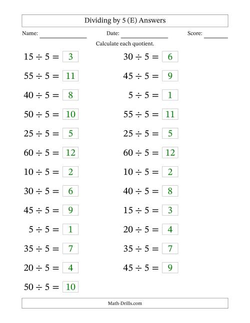 The Horizontally Arranged Dividing by 5 with Quotients 1 to 12 (25 Questions; Large Print) (E) Math Worksheet Page 2
