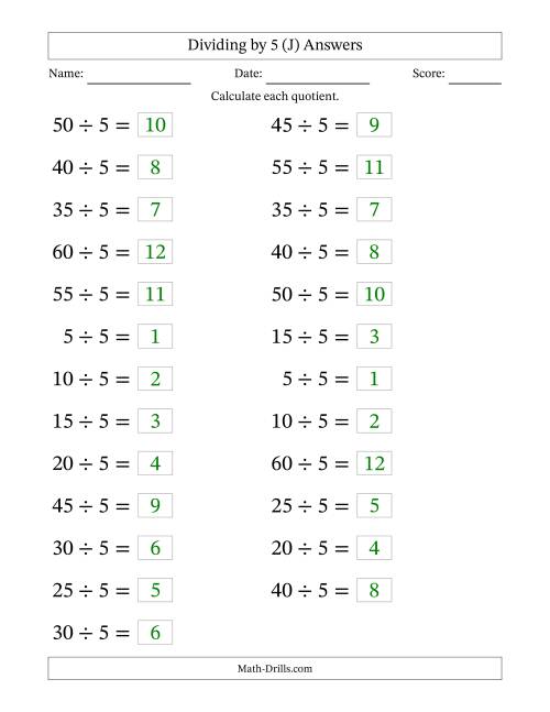 The Horizontally Arranged Dividing by 5 with Quotients 1 to 12 (25 Questions; Large Print) (J) Math Worksheet Page 2