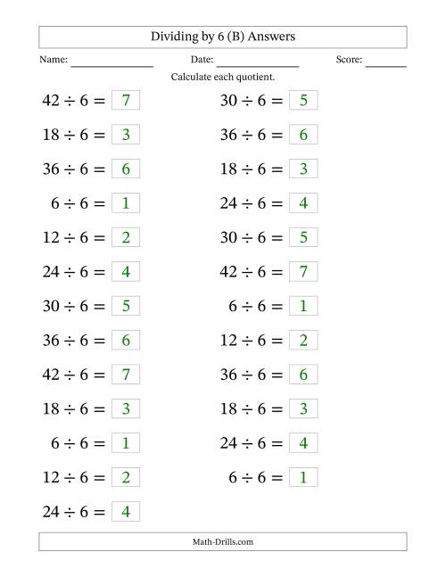 The Horizontally Arranged Dividing by 6 with Quotients 1 to 7 (25 Questions; Large Print) (B) Math Worksheet Page 2