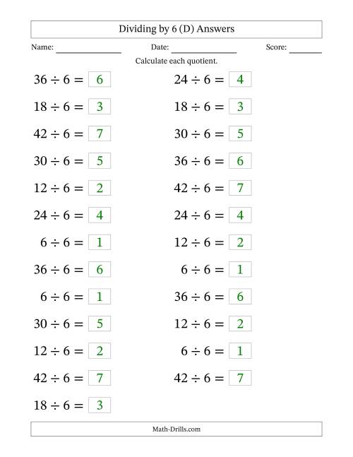 The Horizontally Arranged Dividing by 6 with Quotients 1 to 7 (25 Questions; Large Print) (D) Math Worksheet Page 2
