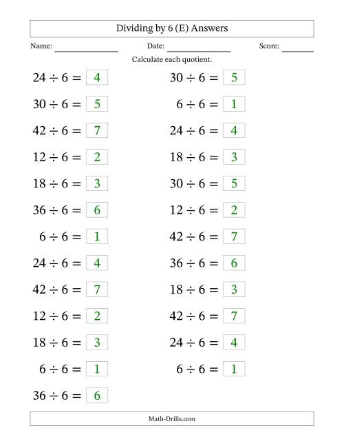 The Horizontally Arranged Dividing by 6 with Quotients 1 to 7 (25 Questions; Large Print) (E) Math Worksheet Page 2
