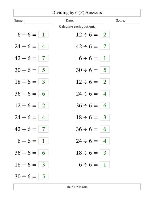 The Horizontally Arranged Dividing by 6 with Quotients 1 to 7 (25 Questions; Large Print) (F) Math Worksheet Page 2