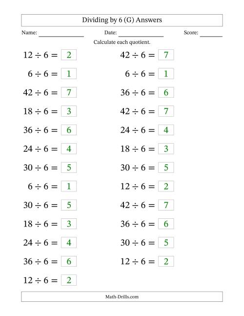 The Horizontally Arranged Dividing by 6 with Quotients 1 to 7 (25 Questions; Large Print) (G) Math Worksheet Page 2