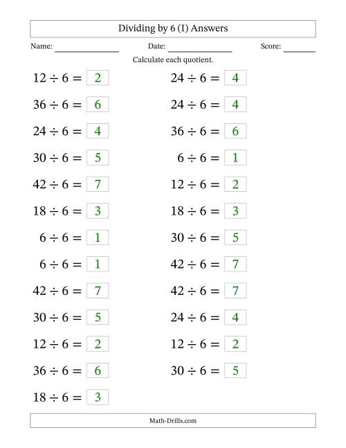 The Horizontally Arranged Dividing by 6 with Quotients 1 to 7 (25 Questions; Large Print) (I) Math Worksheet Page 2