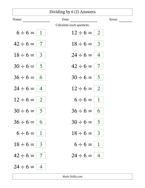 The Horizontally Arranged Dividing by 6 with Quotients 1 to 7 (25 Questions; Large Print) (J) Math Worksheet Page 2