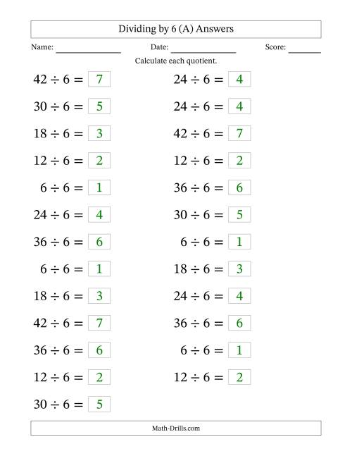 The Horizontally Arranged Dividing by 6 with Quotients 1 to 7 (25 Questions; Large Print) (All) Math Worksheet Page 2