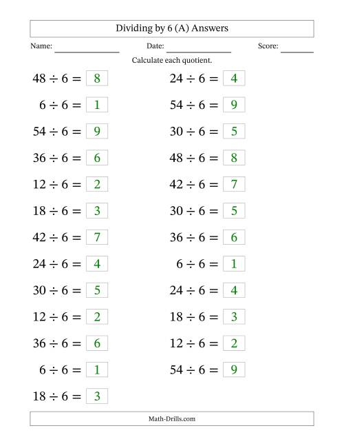 The Horizontally Arranged Dividing by 6 with Quotients 1 to 9 (25 Questions; Large Print) (All) Math Worksheet Page 2