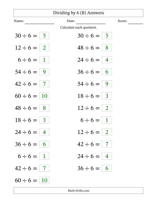 The Horizontally Arranged Dividing by 6 with Quotients 1 to 10 (25 Questions; Large Print) (B) Math Worksheet Page 2