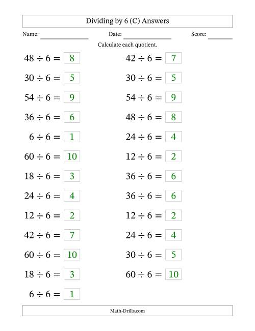 The Horizontally Arranged Dividing by 6 with Quotients 1 to 10 (25 Questions; Large Print) (C) Math Worksheet Page 2