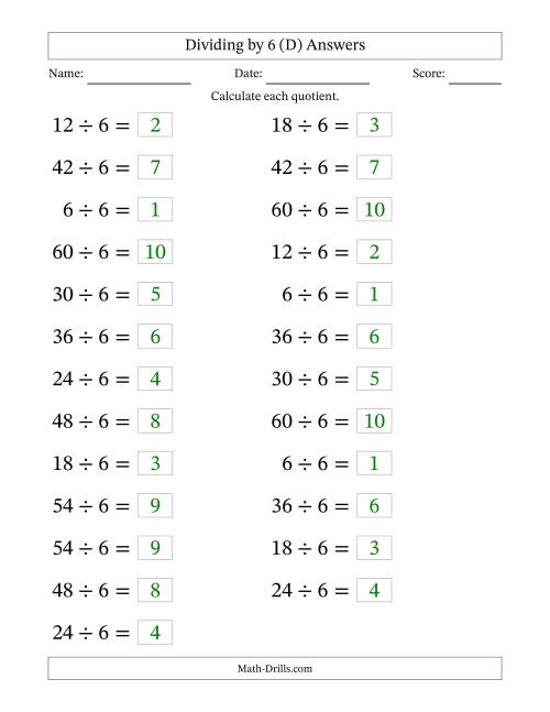 The Horizontally Arranged Dividing by 6 with Quotients 1 to 10 (25 Questions; Large Print) (D) Math Worksheet Page 2