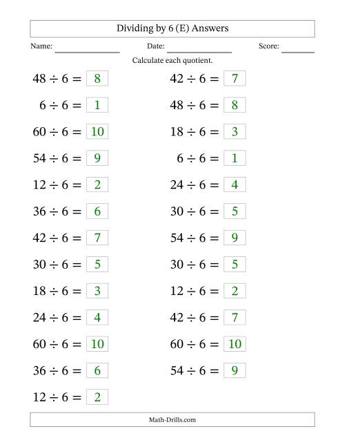 The Horizontally Arranged Dividing by 6 with Quotients 1 to 10 (25 Questions; Large Print) (E) Math Worksheet Page 2