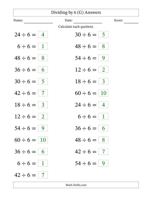 The Horizontally Arranged Dividing by 6 with Quotients 1 to 10 (25 Questions; Large Print) (G) Math Worksheet Page 2