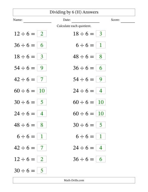 The Horizontally Arranged Dividing by 6 with Quotients 1 to 10 (25 Questions; Large Print) (H) Math Worksheet Page 2