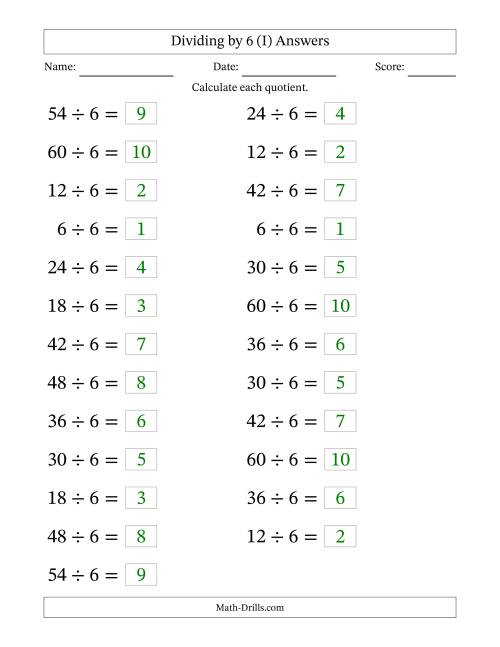 The Horizontally Arranged Dividing by 6 with Quotients 1 to 10 (25 Questions; Large Print) (I) Math Worksheet Page 2