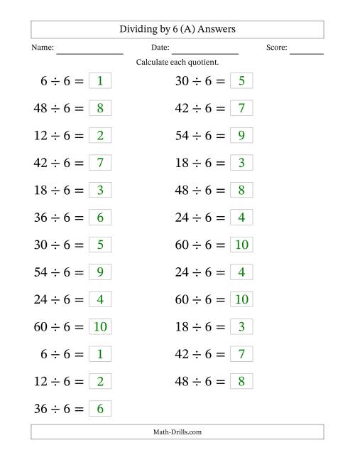 The Horizontally Arranged Dividing by 6 with Quotients 1 to 10 (25 Questions; Large Print) (All) Math Worksheet Page 2