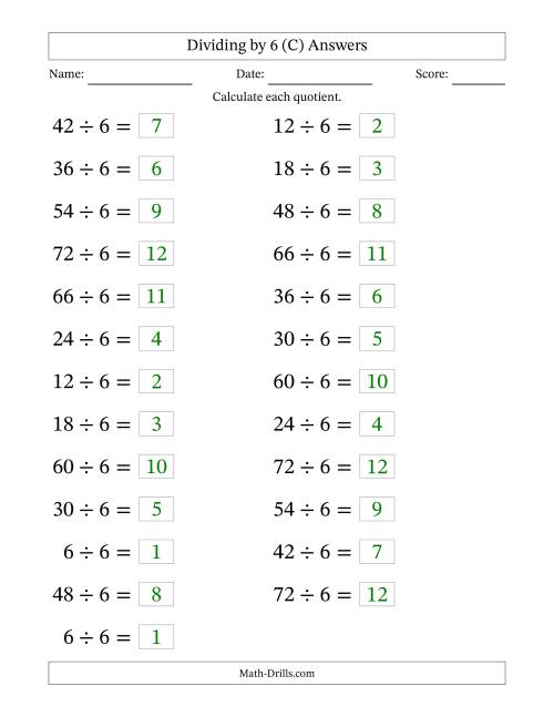 The Horizontally Arranged Dividing by 6 with Quotients 1 to 12 (25 Questions; Large Print) (C) Math Worksheet Page 2