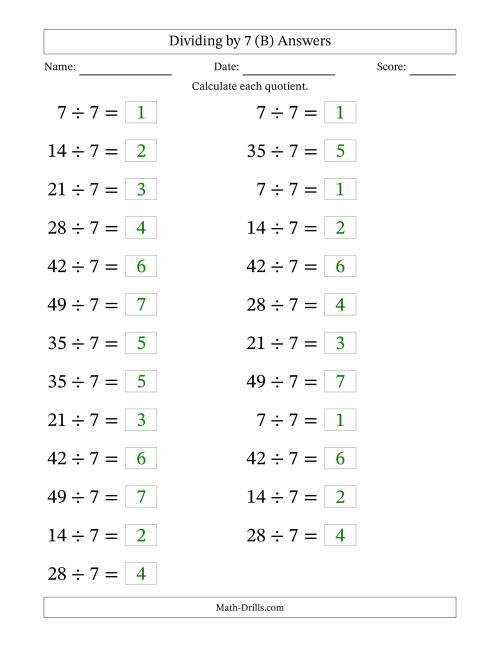 The Horizontally Arranged Dividing by 7 with Quotients 1 to 7 (25 Questions; Large Print) (B) Math Worksheet Page 2
