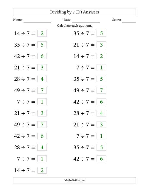 The Horizontally Arranged Dividing by 7 with Quotients 1 to 7 (25 Questions; Large Print) (D) Math Worksheet Page 2