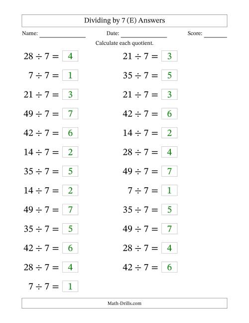 The Horizontally Arranged Dividing by 7 with Quotients 1 to 7 (25 Questions; Large Print) (E) Math Worksheet Page 2