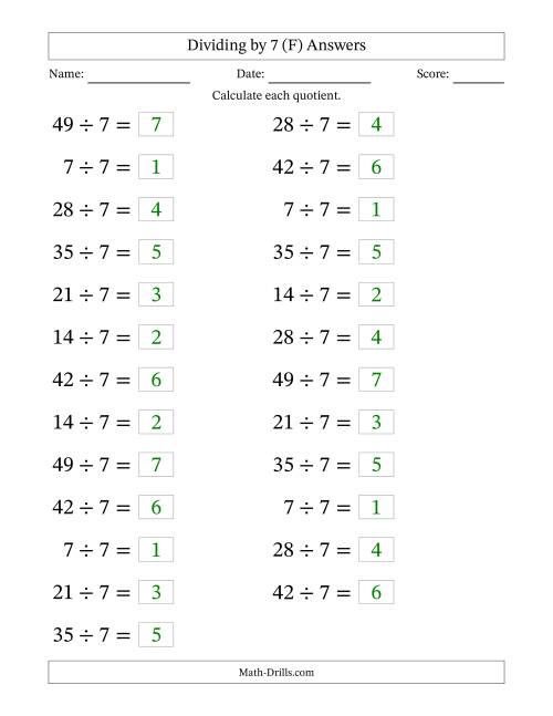The Horizontally Arranged Dividing by 7 with Quotients 1 to 7 (25 Questions; Large Print) (F) Math Worksheet Page 2