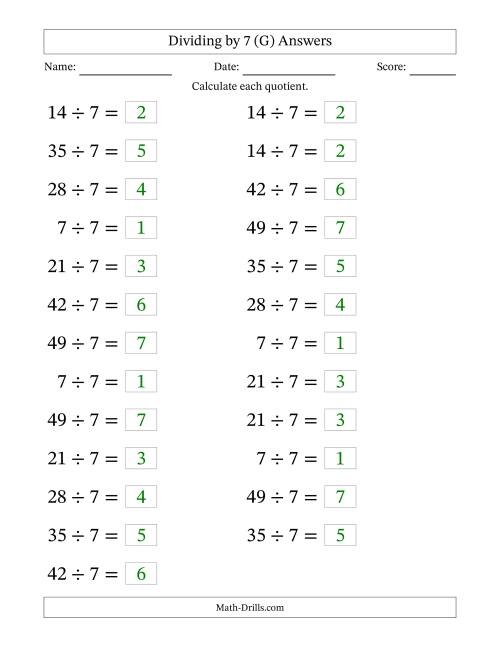The Horizontally Arranged Dividing by 7 with Quotients 1 to 7 (25 Questions; Large Print) (G) Math Worksheet Page 2